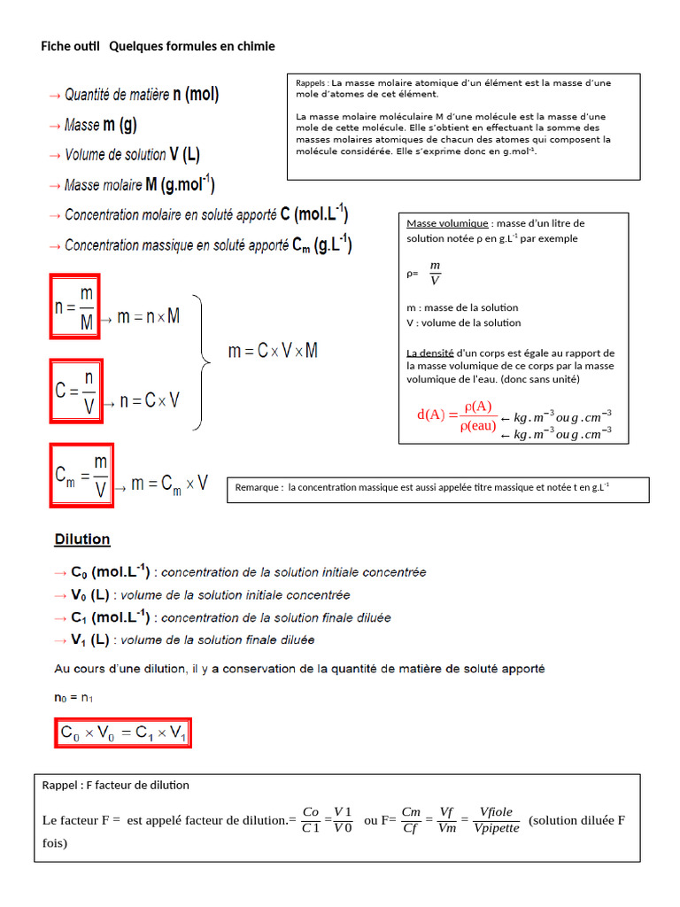 Fiche Outil Quelques Formules en Chimie | PDF | Physique appliquée et ...