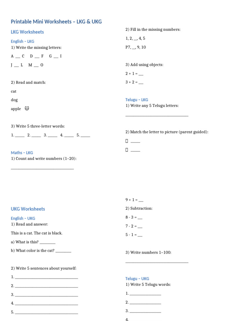 LKG UKG Mini Worksheets | PDF