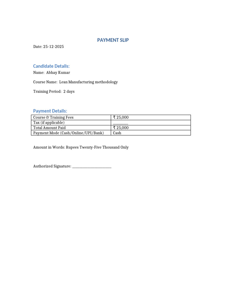 Professional Certificate Course Training Payment Slip 25000 | PDF
