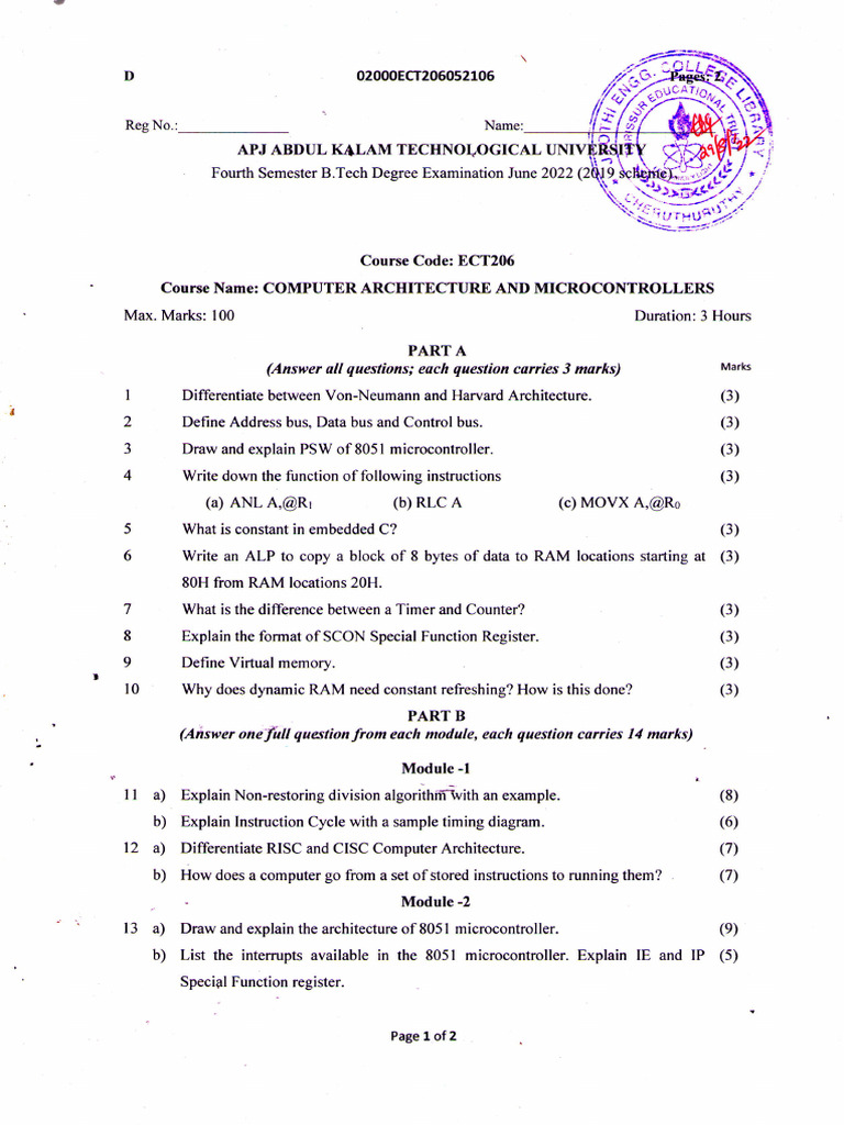 Ect206 Computer Architecture and Microcontrollers, June 2022 | PDF ...