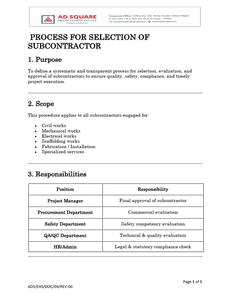 Process For Selection of Subcontractor | PDF | Evaluation | Business