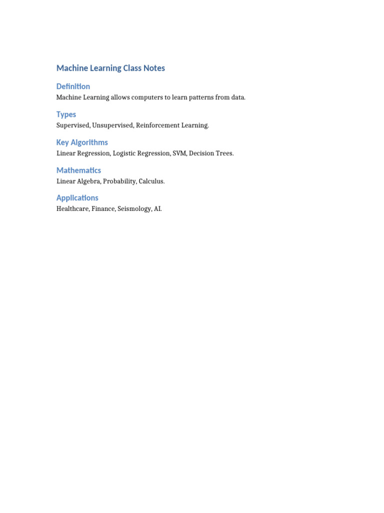 Machine Learning Class Notes Meena | PDF