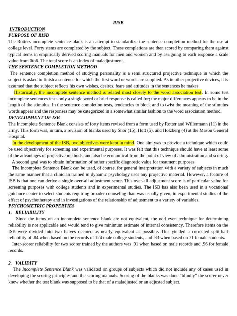 RISB (Rotter Incompelete Sentence Blank) | PDF | Psychology ...