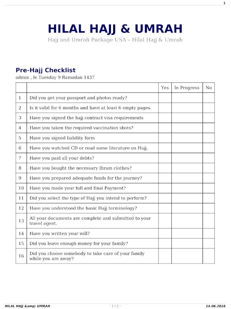 Pre Hajj Checklist | PDF