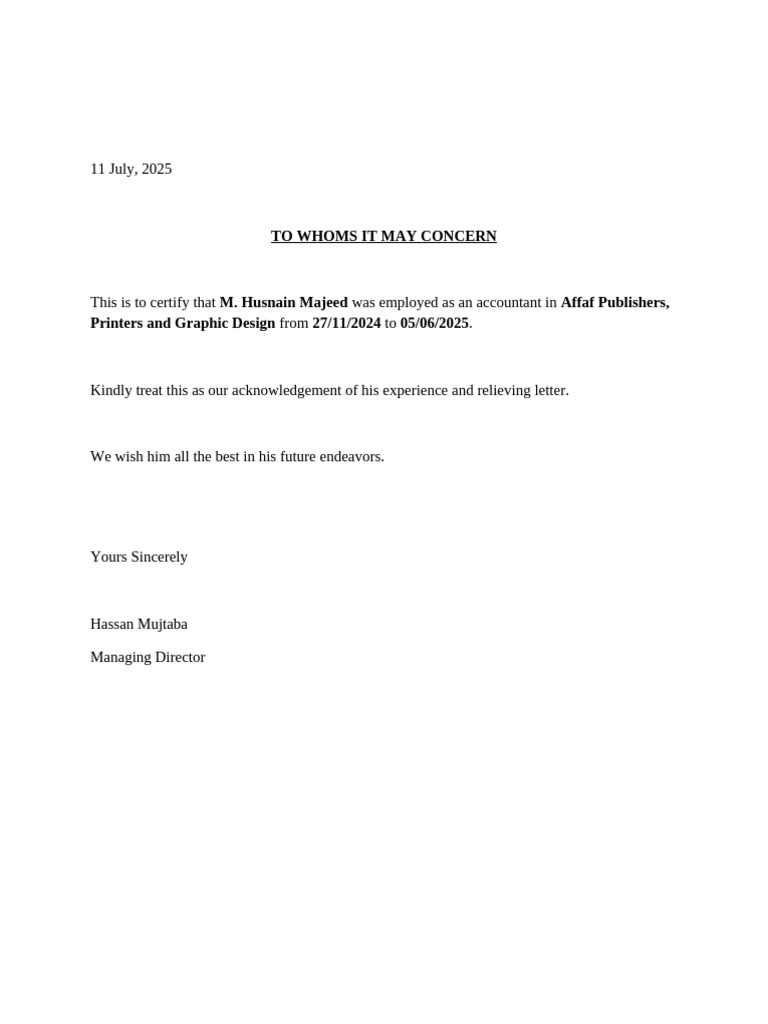M.hunain Majeed Experiance Letter | PDF