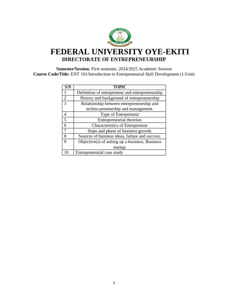 ENT 101 Course Outline | PDF