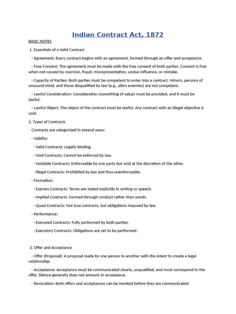 Indian Contract Act Notes | PDF | Offer And Acceptance | Private Law
