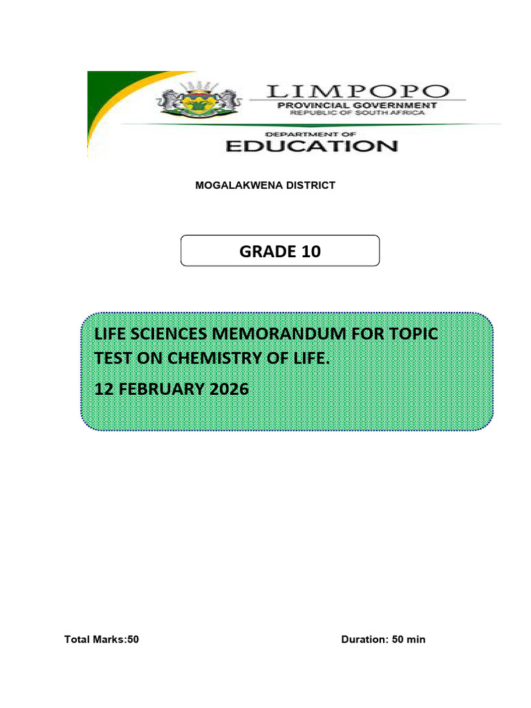 2026 Grade 10 Topic Test On Chemistry of Life Marking Guidelines | PDF ...