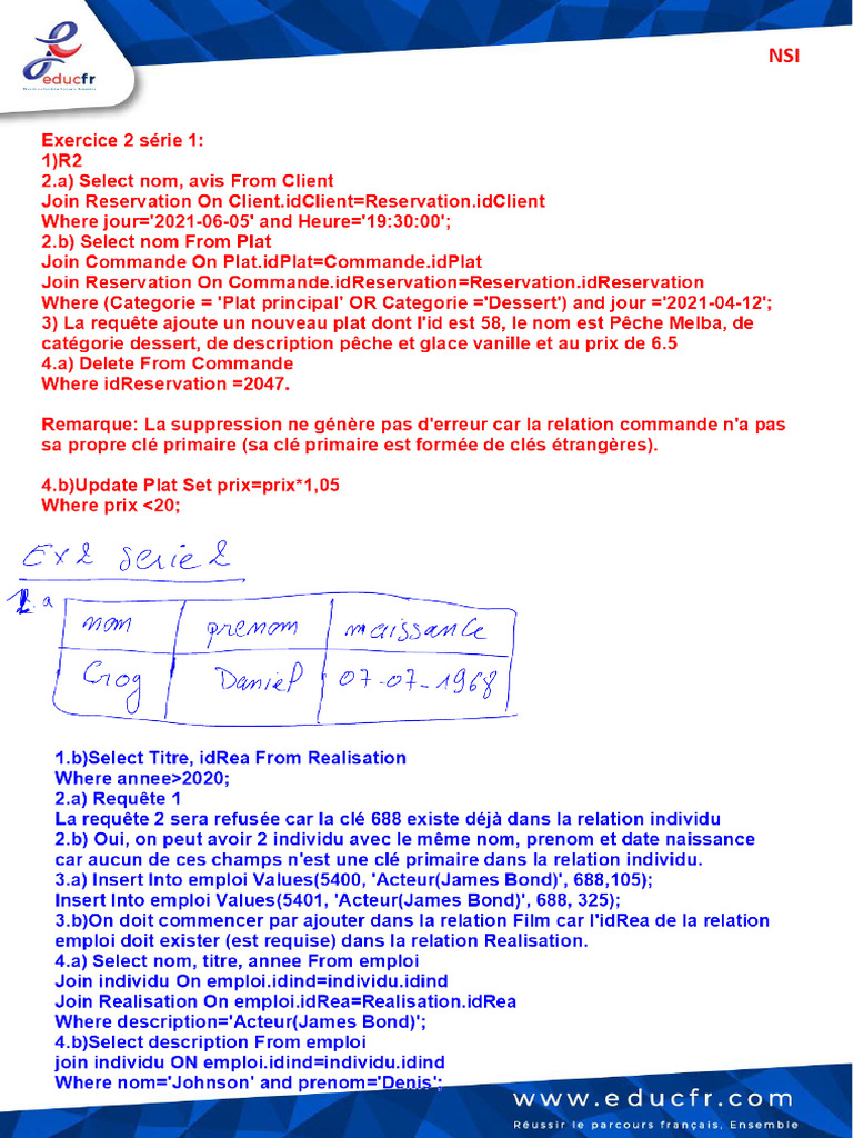 Correction Exercices BD (2 Série 1, 2 Et 4 Série 2) | PDF