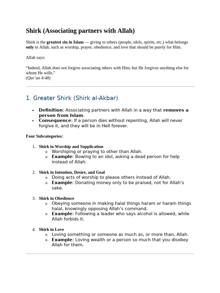 Shirk and Types of Shirk Explanations | PDF | Allah | Prayer