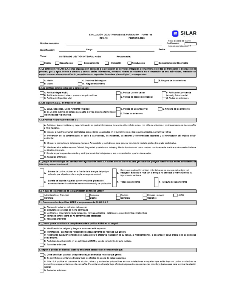 FGRH-08 Evaluación de Inducción FEBRERO 2026 Version 16 | PDF