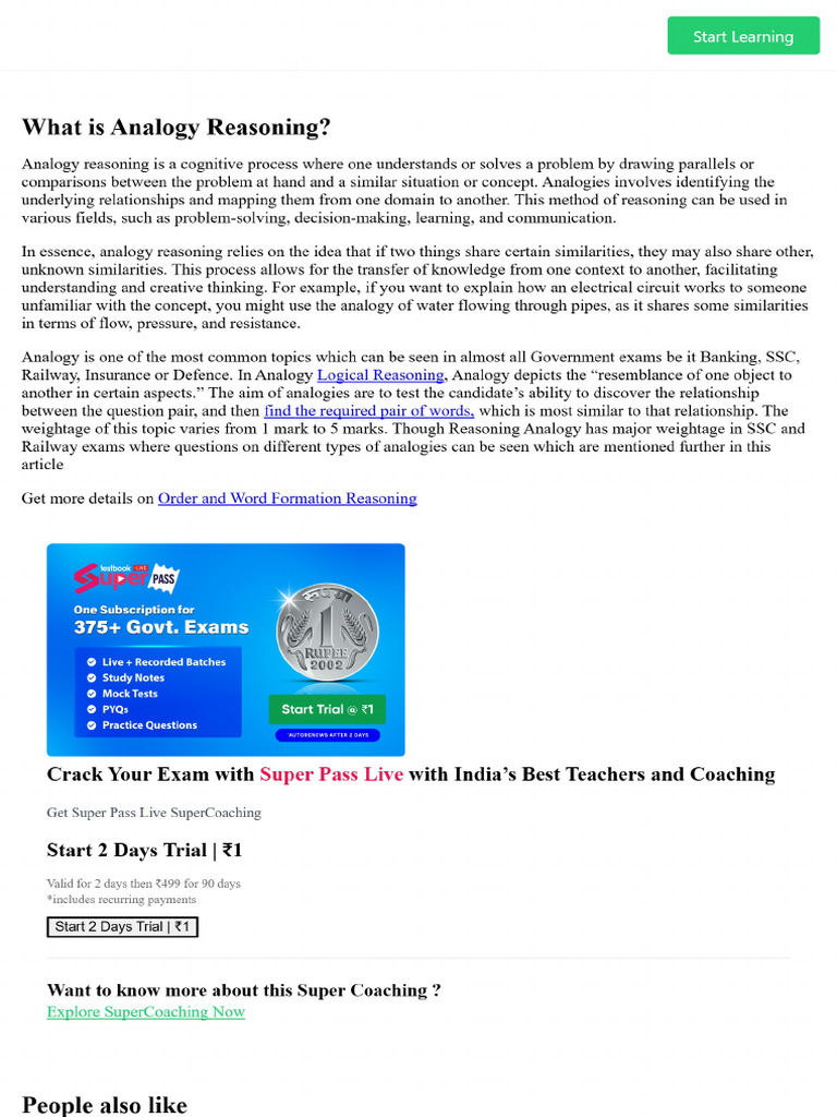 Analogy Reasoning - Key Concepts, Analogy Questions With Answers | PDF