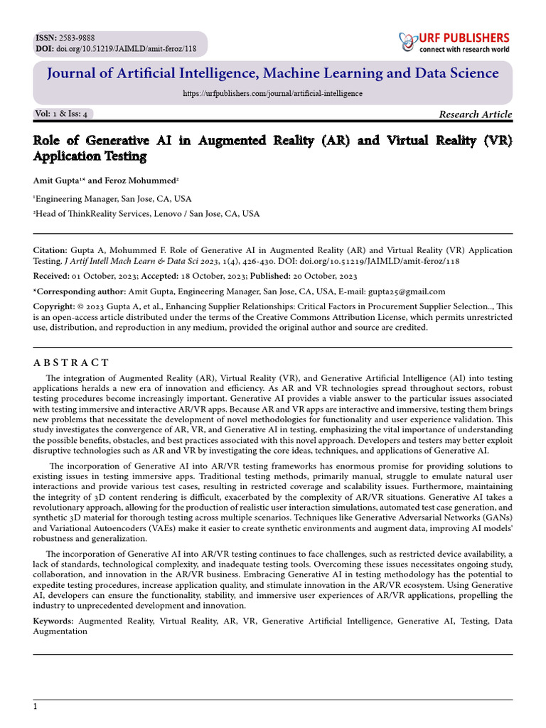 Role of Generative AI in Augmented Reality (AR) and Virtual Reality (VR ...