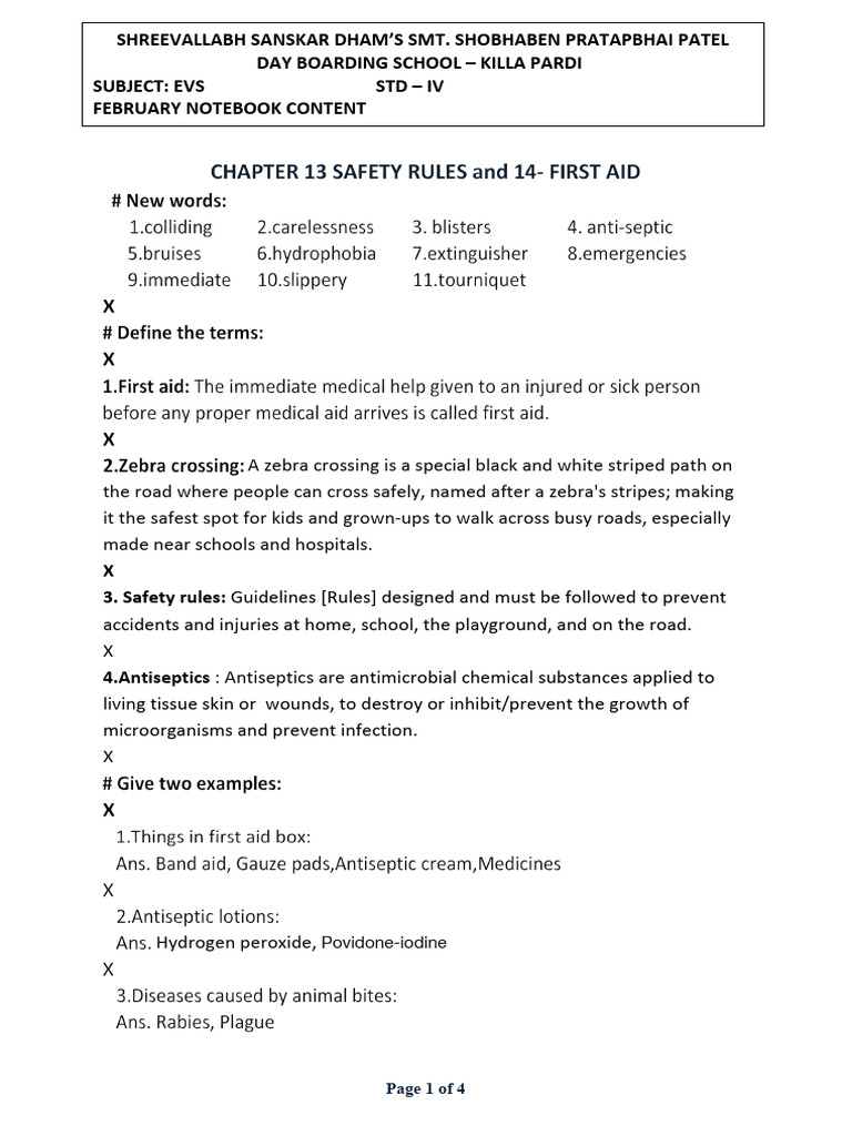 Class 4-EVS - CH.13 SAFETY RULES and CH. 14 FIRST AID FEBRUARY NOTEBOOK ...