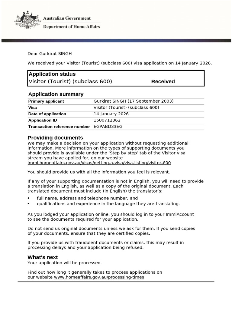 IMMI Acknowledgement of Application Received | PDF | Travel Visa ...