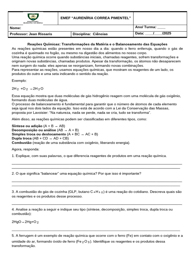 Atividade - 9 Ano (Reações Químicas) | PDF | Reações químicas | Química