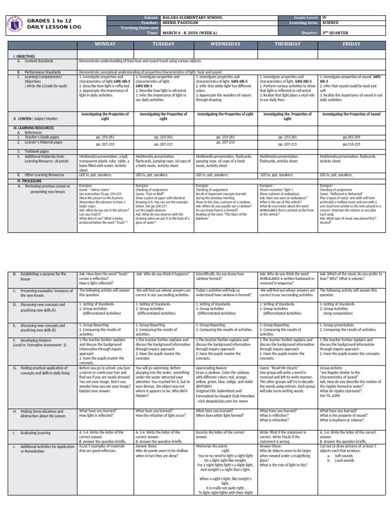 DLL - Science 4 - Q3 - W6 | PDF | Light