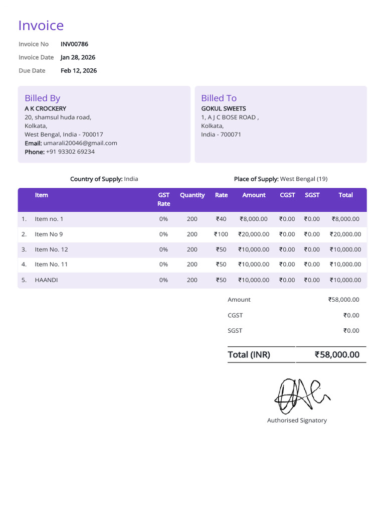 Invoice Inv00786 A K Crockery Gokul Sweets | PDF