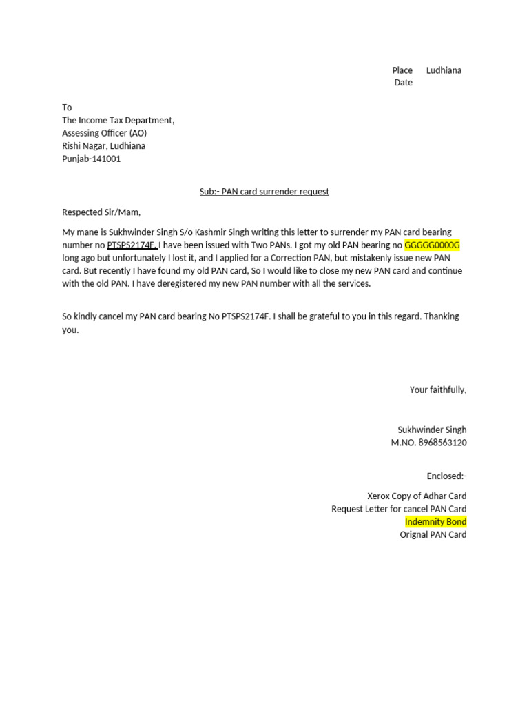 Pan Card Surrender Letter | PDF
