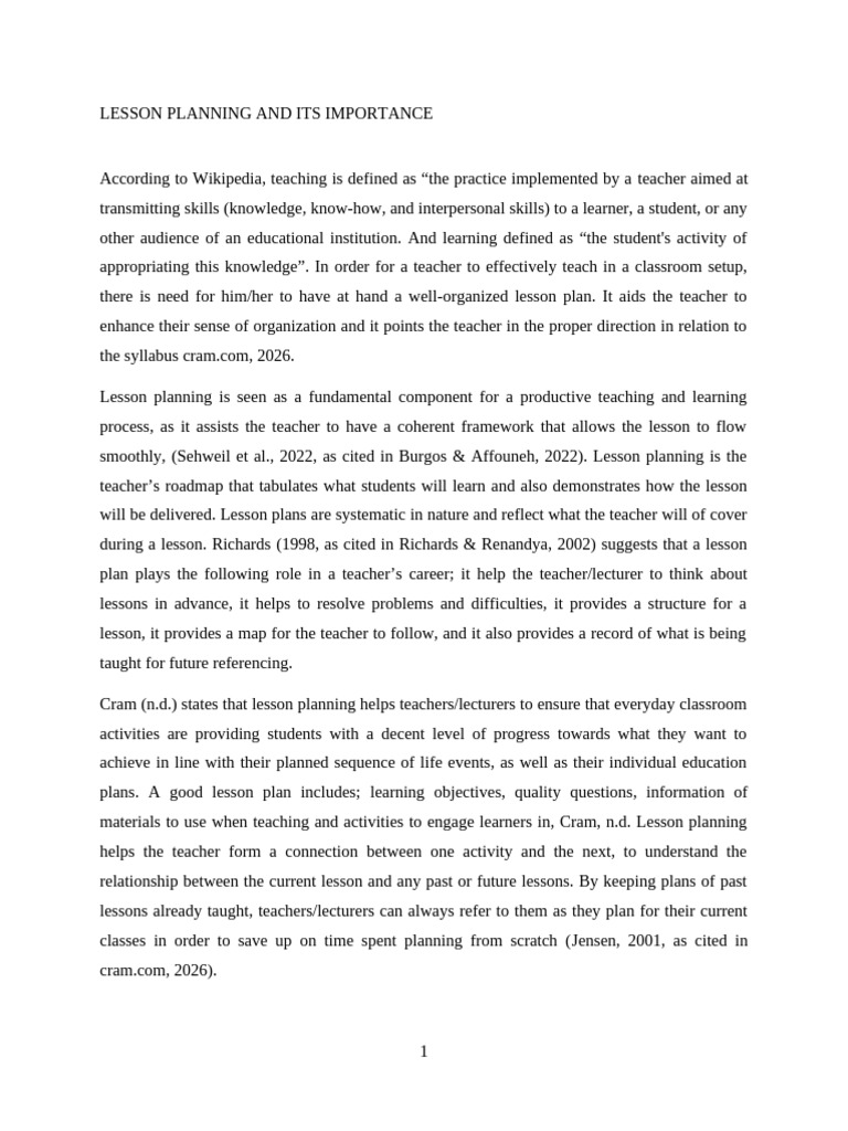 Lesson Planning and Its Importance | PDF | Teachers | Lesson Plan
