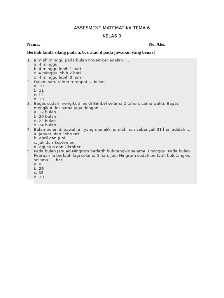 Assesment Matematika Tema 6 Kelas 3 | PDF