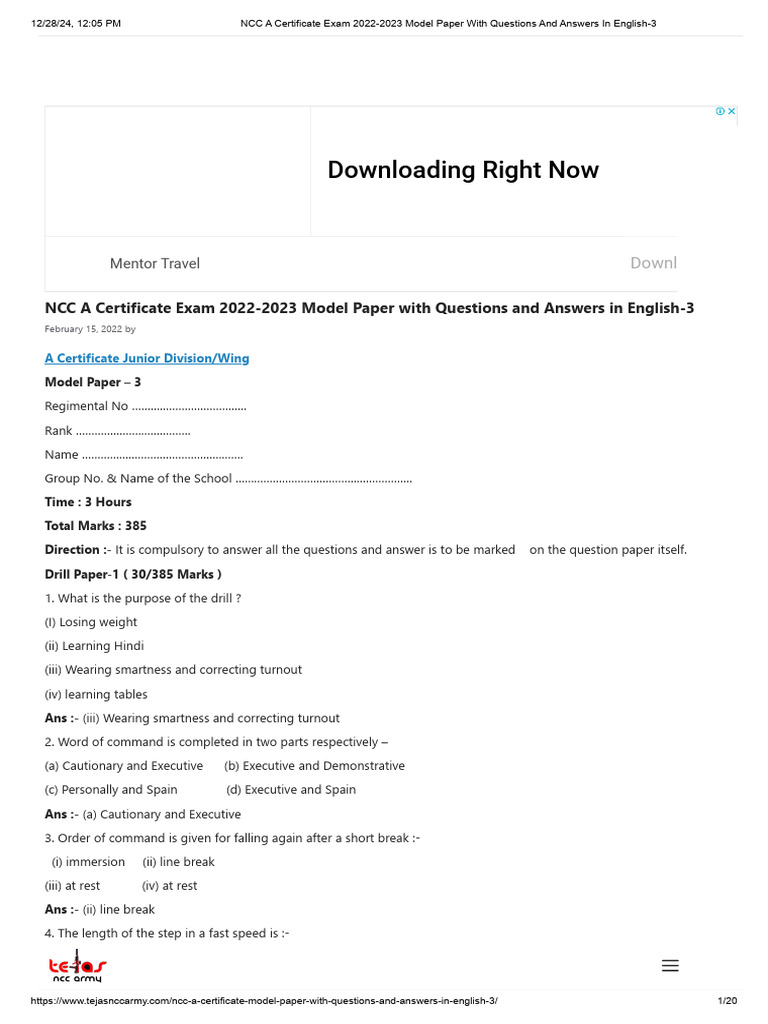 NCC A Certificate Exam 2022-2023 Model Paper With Questions and Answers ...