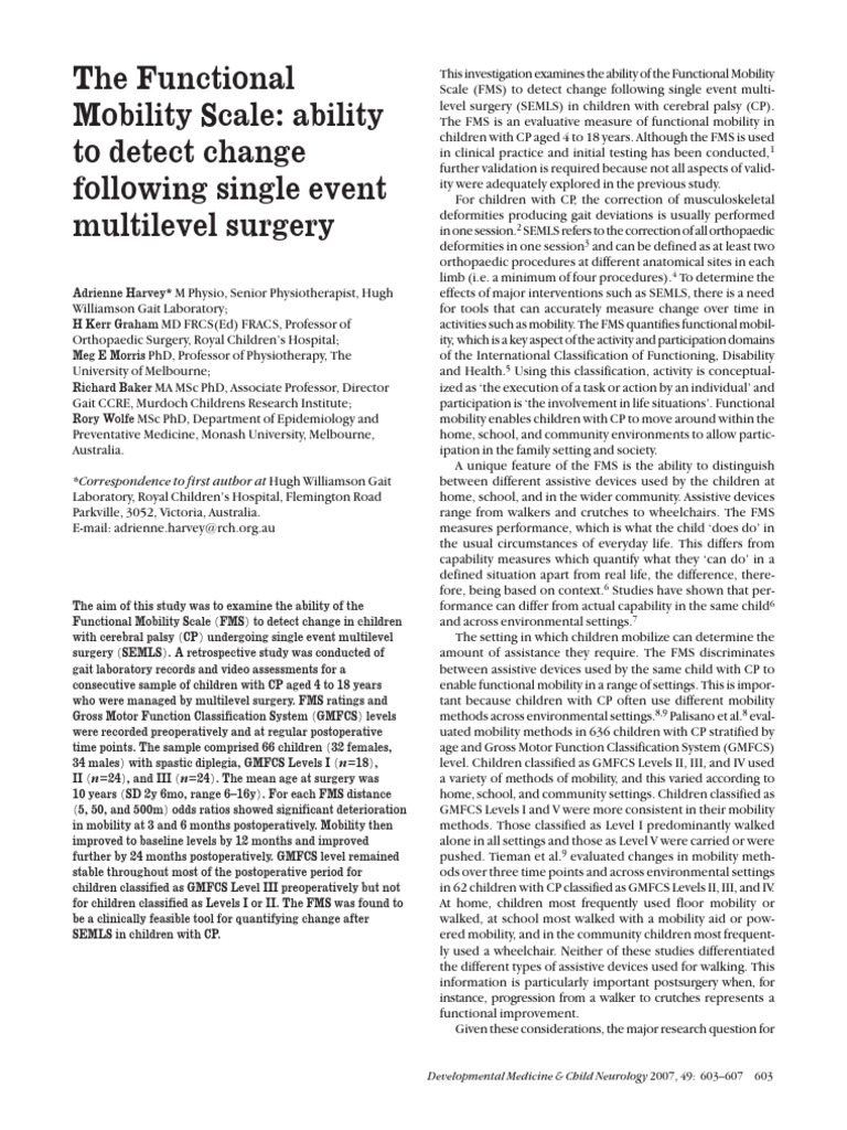 The Functional Mobility Scale: Ability To Detect Change Following ...