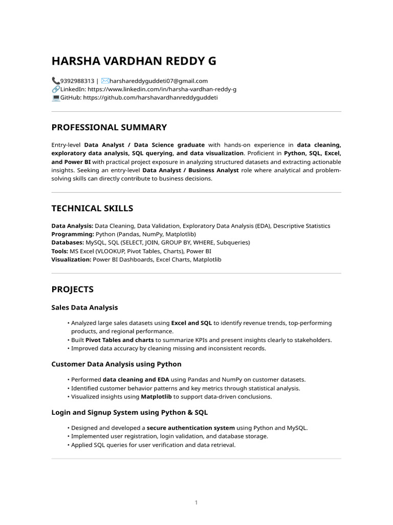Ats-Optimized Resume - Harsha Vardhan Reddy G | PDF | Data Analysis | Data