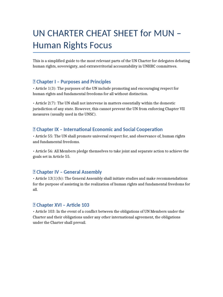 UN Charter Cheat Sheet MUN Human Rights | PDF
