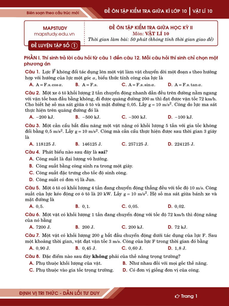 5 Đề Ôn Tập Giữa Kì 2 - Vật Lí 10 - Tổ Vật Lí Mapstudy | PDF
