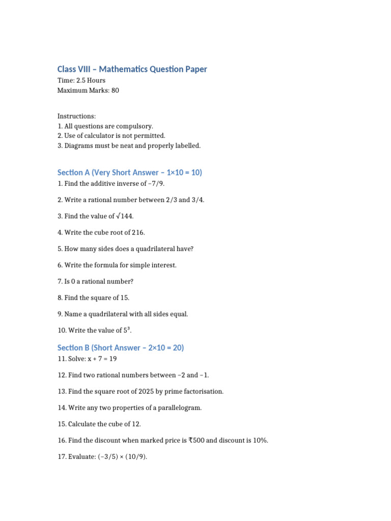 Class 8 Maths Question Paper | PDF