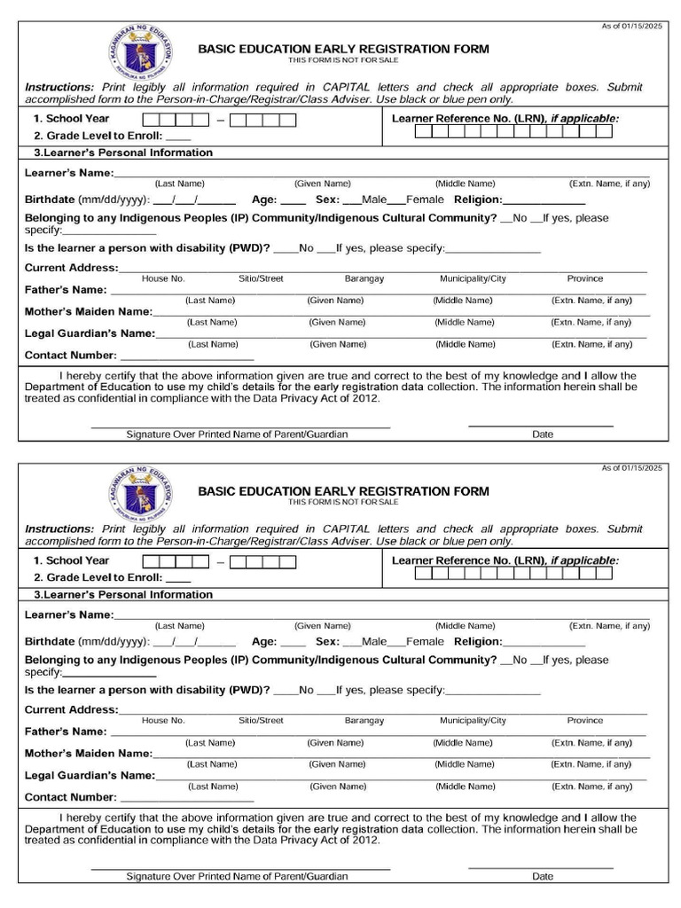 Basic Education Early Registration Form - Sy2026-2027 | PDF