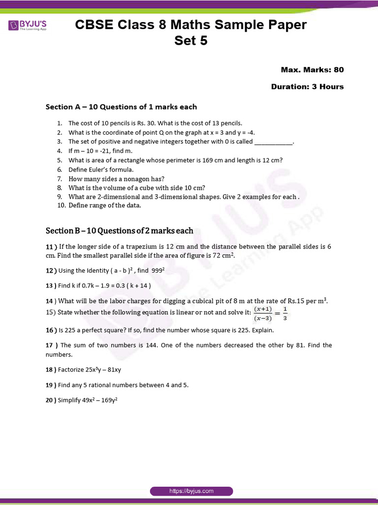 CBSE Class 8 Maths Sample Paper Set 5 | PDF | Number Theory | Mathematics
