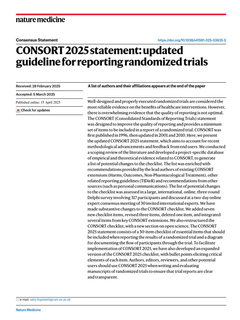 CONSORT 2025 Statement: Updated Guideline For Reporting Randomized ...