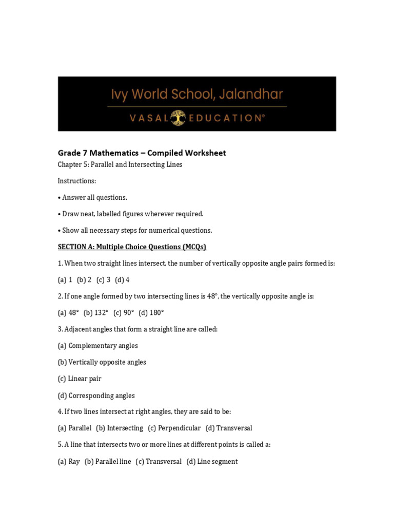 Grade 7 Ch-5 Worksheet 2 | PDF | Angle | Elementary Mathematics