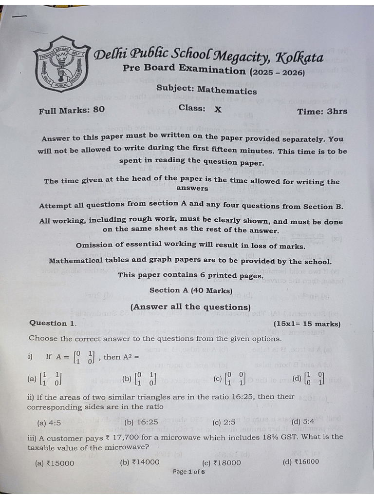 Dps Megacity Pre - Board 2 Maths Paper | PDF