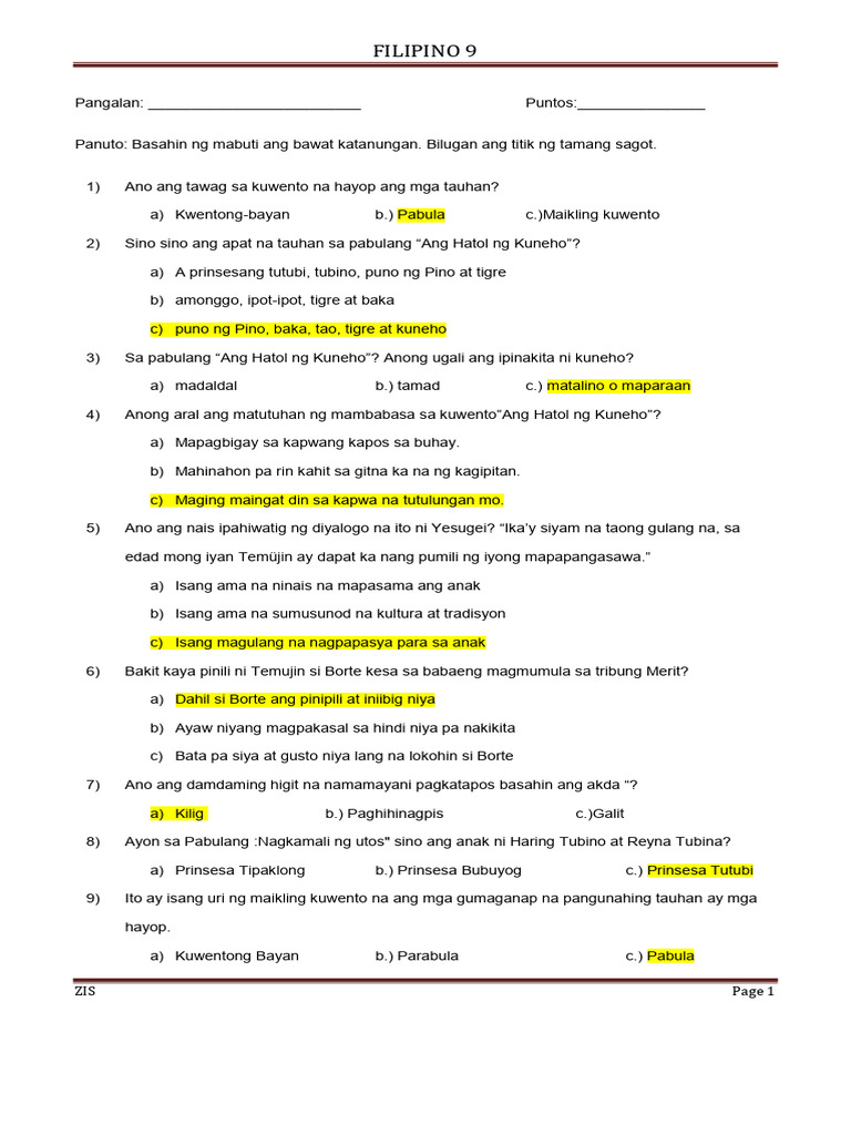Filipino 9 Test Answer Key | PDF