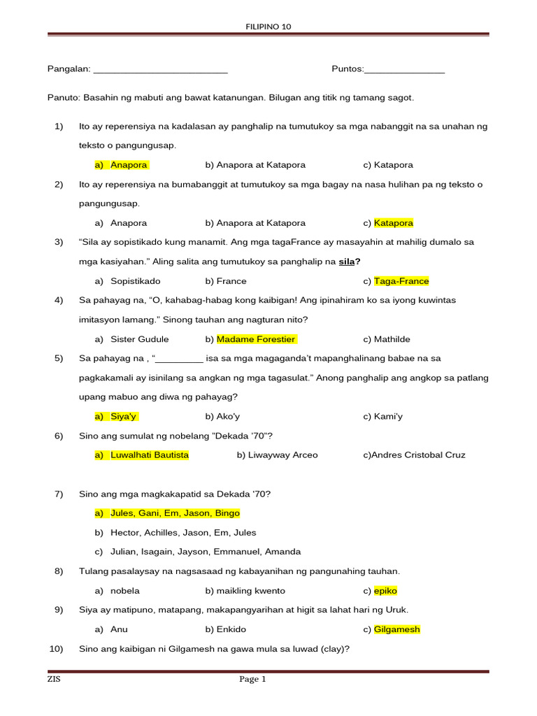 Filipino 10 Test Answer Key | PDF