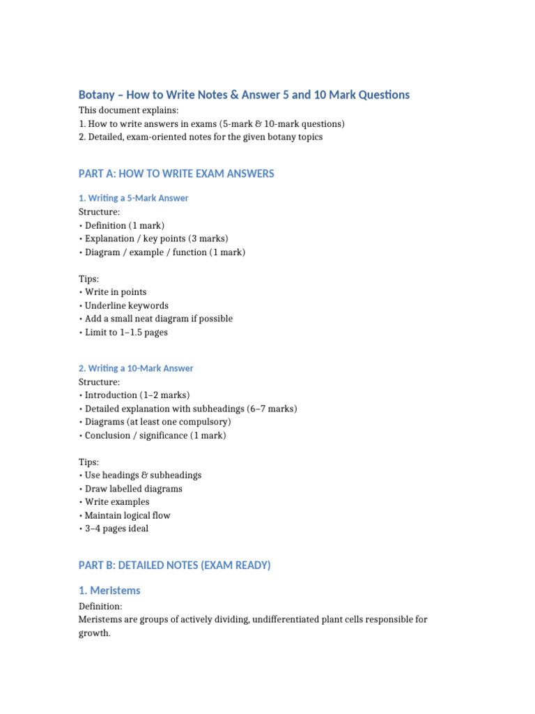 Botany Exam Notes 5 and 10 Mark Answers | PDF | Leaf | Anatomy