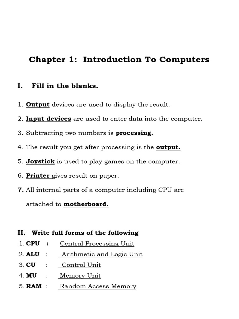 Chapter 1: Introduction To Computers: I. Fill in The Blanks | PDF
