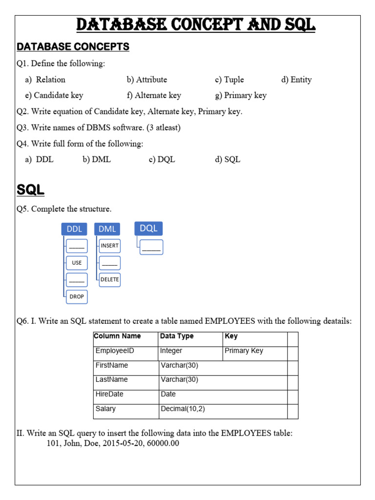 Assignment For Class 11 Database Concepts and SQL | PDF | Sql | Databases