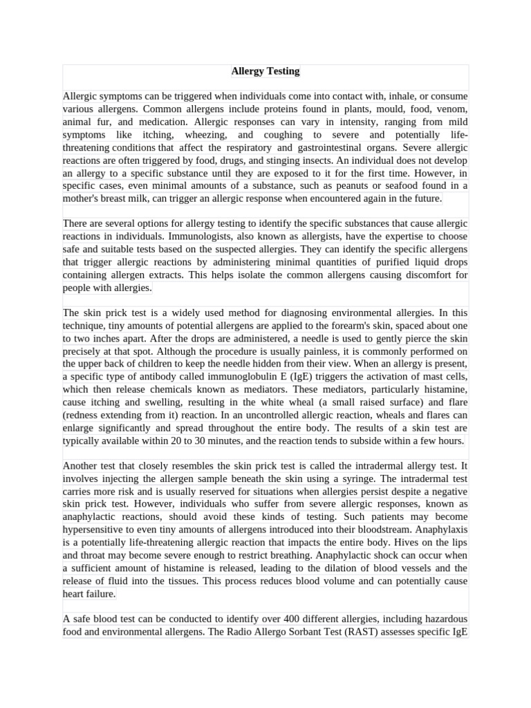 Allergy Testing | PDF | Allergy | Allergen