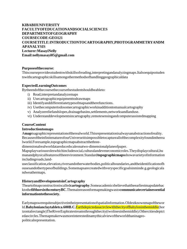 GEO 121 Notes, Cartography Photogramettry and Map Analysis (2) - 055727 ...