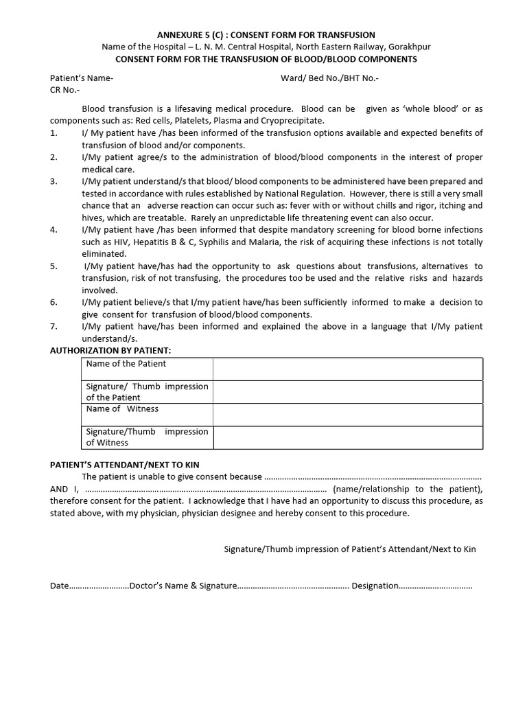 Consent Form For The Transfusion of Blood-Blood Components | PDF ...