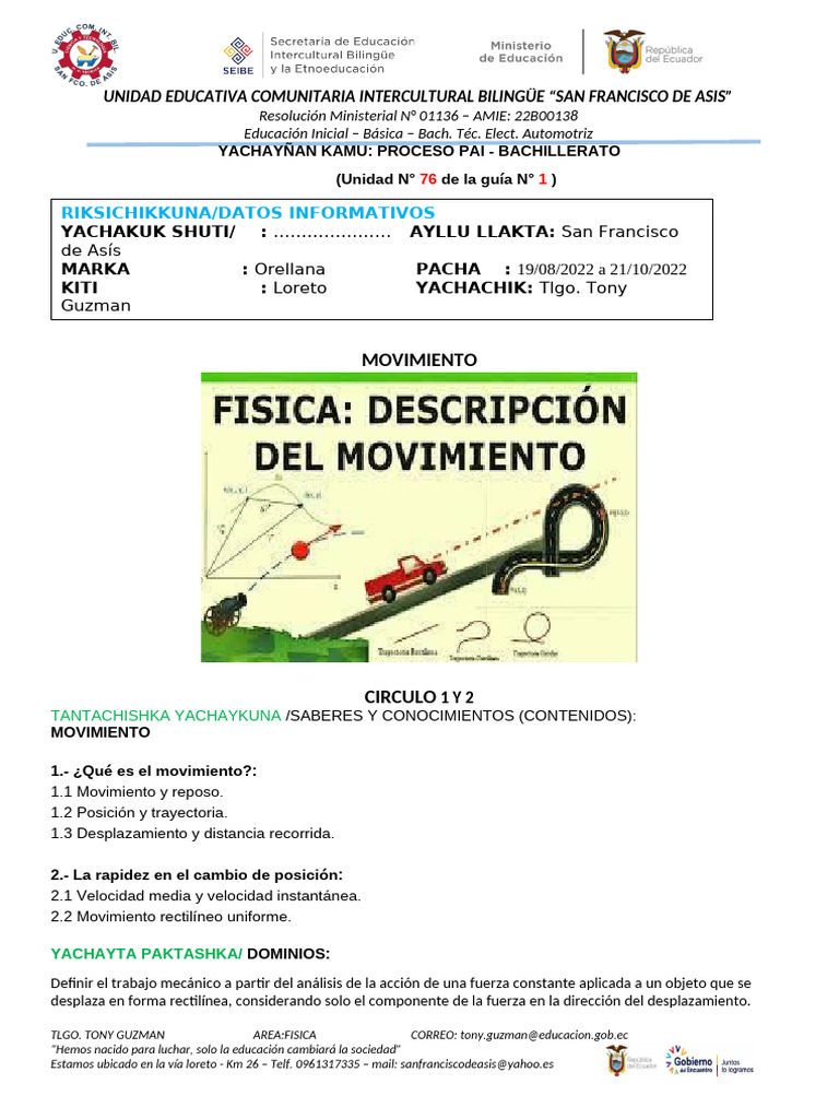 GUIA 1 DE FISICA I Bchi. | PDF | Velocidad | Educación de la primera ...