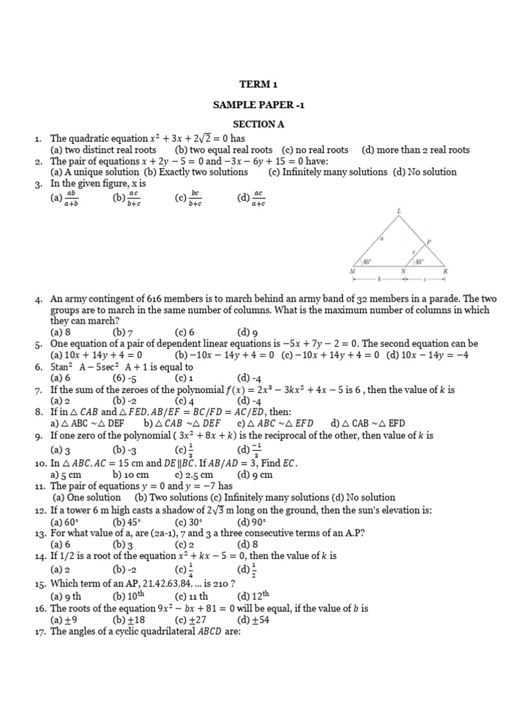 Term 1 Sample Paper 1 | PDF | Zero Of A Function | Equations