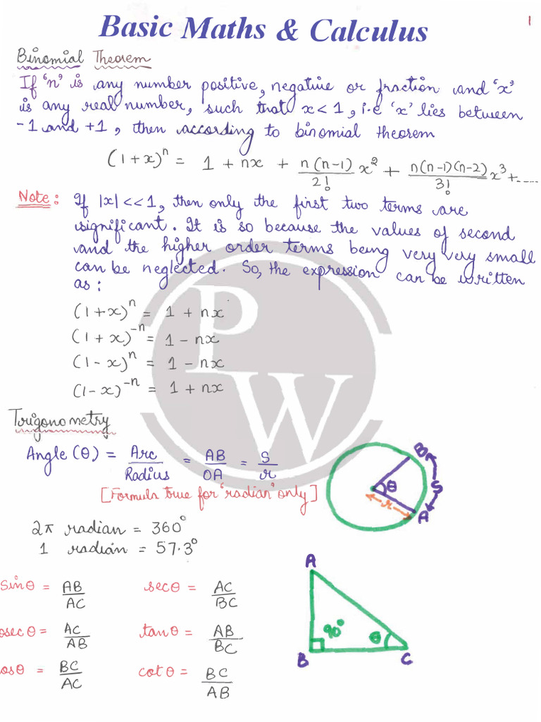 Basic Maths & Calculus - Handwritten Notes | PDF