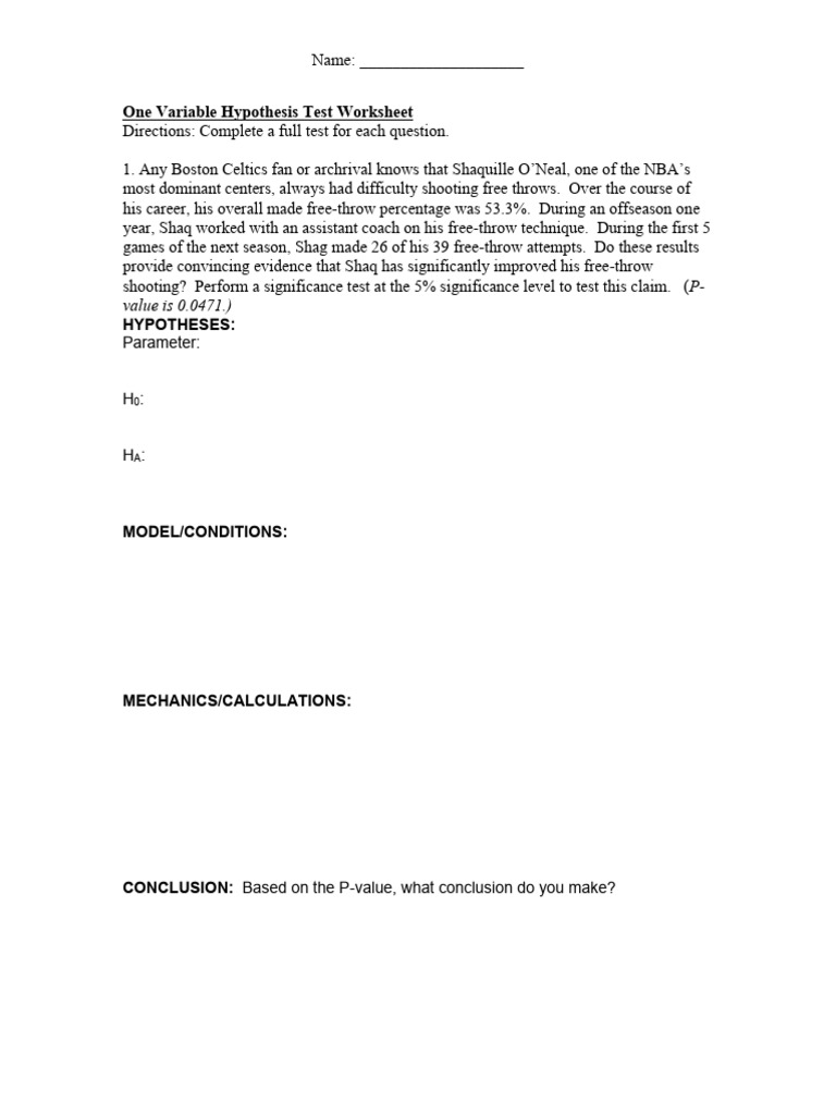 One Var Hyp Test Worksheet-1 | PDF | P Value | Hypothesis