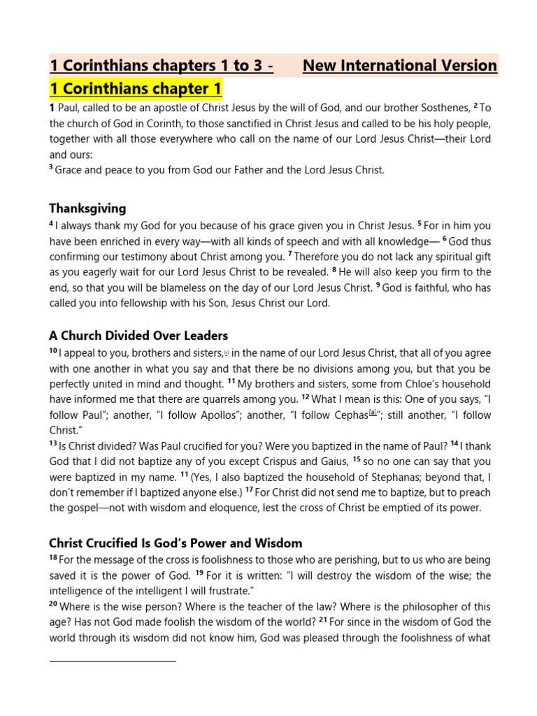1 Corinthians Chapters 1 To 3 NIV | PDF | God In Christianity | Paul ...