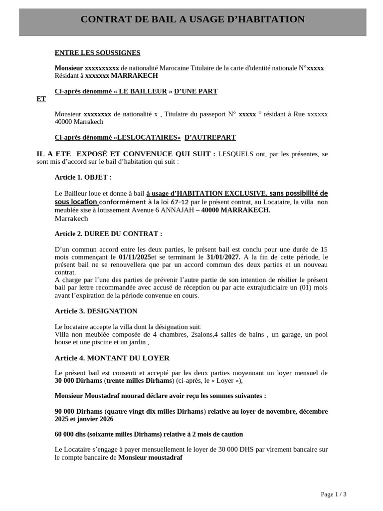 Contrat de Bail - MR Chraibi | PDF | Cautionnement | Location